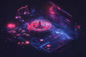 Sweepstakes legal battle. Black market risk: will banning sweepstakes push players offshore? Neon-style digital illustration featuring a glowing roulette wheel on a virtual tabletop surrounded by chips, coins, and interface panels. A set of scales appears in the background, symbolizing legal oversight. The overall scene blends casino imagery with holographic screens to represent the intersection of gambling, technology, and regulation.
