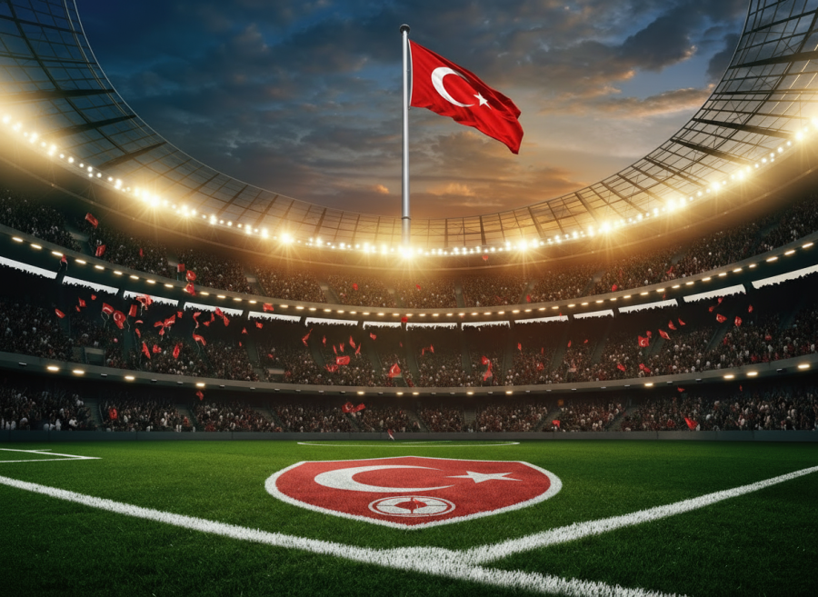 A Turkish soccer stadium with the TFF logo on the pitch. Turkish soccer is in disarray following the suspension of 1,024 active players due to the recent betting scandal.