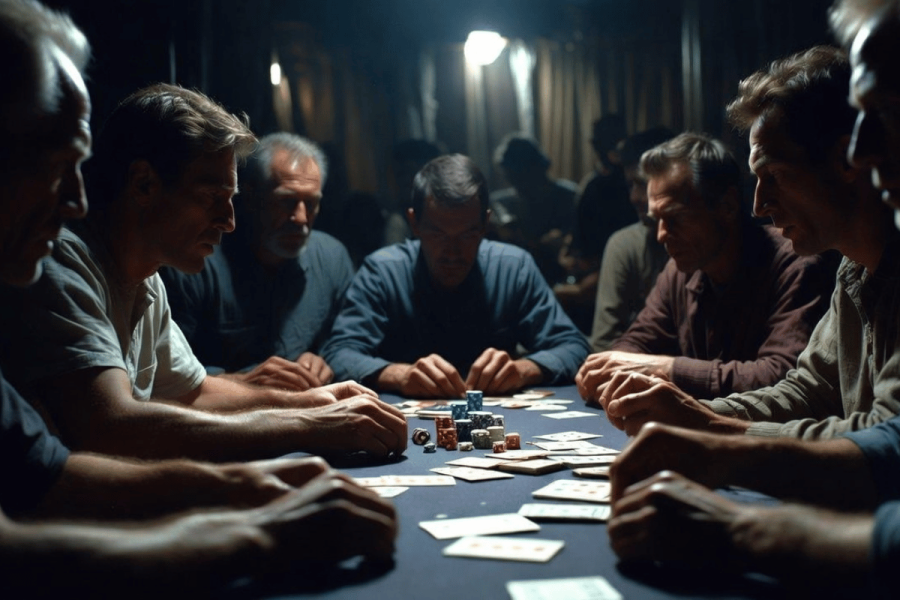 UK gambling tax rise could see 'companies moving offshore and increased black market activity'. A group of men sit around a dimly lit poker table, focused on their cards and stacks of chips, creating an intense underground gambling atmosphere.