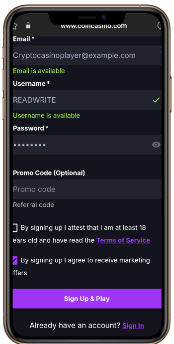 formularz rejestracyjny coincasino