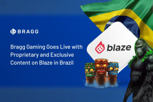 Bragg Gaming expands presence in Brazil, with exclusive content live with Blaze. Promotional graphic showing Bragg Gaming launching proprietary and exclusive iGaming content on the Blaze platform in Brazil, featuring the Blaze logo, Brazilian flag, Bragg logo, and illustrated game characters.