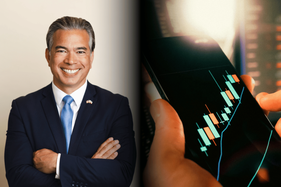 California Attorney General potentially gearing up to face prediction markets. Split image showing a smiling man in a suit with folded arms beside a hand holding a smartphone displaying rising financial market candlestick charts.
