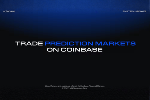 Coinbase launches prediction markets in partnership with Kalshi. Promotional Coinbase graphic with a blue-to-black gradient reading “Trade Prediction Markets on Coinbase,” labeled as a system update.