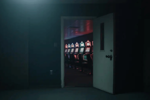 Hundreds of illegal gambling devices seized in Florida as part of 'Operation Funny Money'. Door opened revealing a row of illuminated slot machines inside a dark, unlicensed gaming hall.