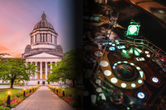 A split-image showing the Washington State Capitol building at sunset on the left, with a lit pathway and surrounding trees, and a close-up view of colorful illuminated electronic gaming machine controls on the right, representing government and casino gaming themes. Indian Tribes reach tentative agreement with Washington Gambling Commission on new electronic gaming proposals