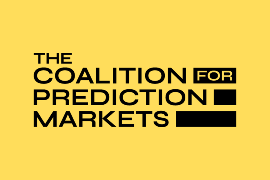 Industry giants form coalition to defend and standardize US prediction markets. The Coalition for Prediction Markets” in bold black text on a yellow background, with the word “FOR” and several rectangular blocks highlighted in black.