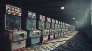 A photo of a long row of vintage amusement machines lined up in the dim light of a vast, abandoned arcade. Engines are primarily metallic silver with faded neon signs displayed "PRIZE ZONE" and "SKEE-BALL" in a classic font, their reflective surfaces catch a bit of light. Dustpans hang suspended in the air, lit by an anklet hanging from the high ceiling, casting long shadows across the checkered tile floor. The room stretches into the distance, lost in deep shadows, creating a feeling of eerie silence and forgotten nostalgia.