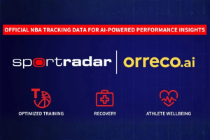 NBA players to get greater biometric data through Orreco and Sportradar deal. A graphic announcing a partnership between Sportradar and Orreco.ai. The top banner reads “Official NBA tracking data for AI-powered performance insights.” Below it are the Sportradar and Orreco.ai logos on a dark blue background. Three red icons represent optimized training, recovery, and athlete wellbeing.