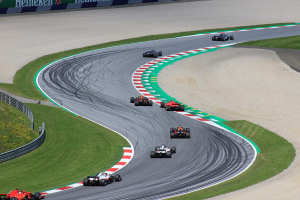 F1 race track, with eight cars on the grid racing. Betway forced to pull ad using Lewis Hamilton likeness