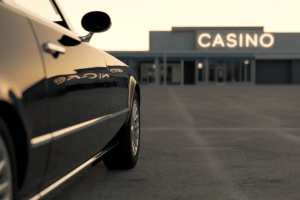 Pennsylvania Gaming Control Board bans 15 people from gambling. Car parked outside a casino entrance, symbolizing gambling restrictions and enforcement actions.