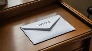 A close-up photo of a clean wooden table with a white envelope placed in the middle. The envelope shows the word "advertisement" printed in bold black letters on the front, while the rest of the envelope remains completely blank with no other text or markings. The table appears polished and understated, with warm natural lighting casting subtle shadows that accentuate the simplicity of the scene. The rough edges of the envelope and clean white paper create a sense of official importance against the rich wood grain texture.