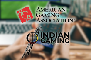 AGA and Indian Gaming Association urge Congress to curb crypto prediction markets threatening betting. Logos of the American Gaming Association and Indian Gaming Association over a blurred sportsbook scene, illustrating their joint call for Congress to curb crypto prediction markets.