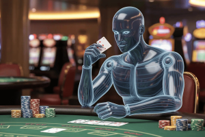 Digital illustration of an elegant, abstract humanoid figure representing an AI language model sitting at a green felt casino table. AI models can develop “human” gaming addiction when given more freedom