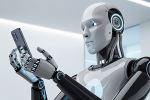 A sleek humanoid AI robot with polished chrome and matte black panels holds a modern smartphone in its articulated metallic fingers. The robot features glowing blue LED strips along its joints and a smooth, featureless faceplate that reflects the phone's screen light. Its posture is gentle and precise as it cradles the device, with visible servo mechanisms and cable details adding mechanical authenticity. The background is a clean, minimalist tech lab environment with soft white lighting that highlights the robot's reflective surfaces and the phone's sleek design. AI now powers nearly half of all bets, new report finds