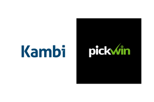 Kambi logo on white background on the left, with PickWin logo on black background on the right. Kambi Group plc signs multi-year online sports betting partnership with Pickwin in Mexico
