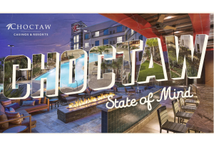 White banner around an image of the Choctaw Casino with “Choctaw” written in the middle. WSOP Circuit returns to Choctaw with guaranteed $1 million main event