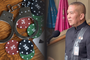 Ten Thai MPs exposed in scandal over online gambling and scam networks. Handcuffs resting on casino poker chips beside a Thai government official speaking at a podium, illustrating a gambling corruption investigation.