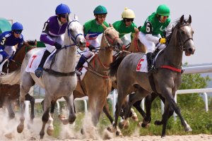 Entain has announced that it will end its sponsorship of the Coral Cup after 52 years. A group of jockeys in colorful racing silks ride galloping horses during a horse race, with dust kicking up from the track as they turn.