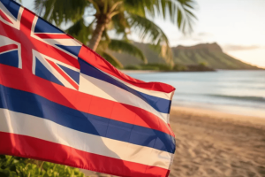 Lawmakers in Hawaii have introduced a bill that would ban prediction markets. Hawaii state flag waving on a tropical beach with palm trees and beach in the background.