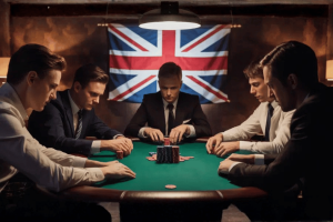 A spectacular photograph of a high stakes poker game taking place on a mahogany table, with a Union Jack flag hanging behind it. Gambling report finds tougher regulation 'would enjoy strong support' in Britain