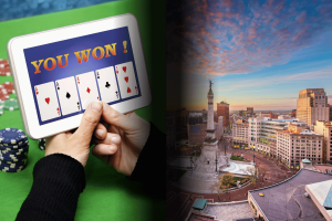 The SGLA is pushing for regulation of sweepstakes rather than an outright ban in Indiana. Split image showing a person holding a tablet displaying a winning online card game on the left, and the Indianapolis skyline with Monument Circle on the right, representing the debate over gambling regulation in Indiana.