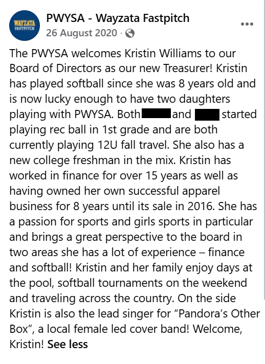 Screenshot of a 2020 Facebook post from PWYSA – Wayzata Fastpitch announcing Kristin Williams as the organization's new treasurer, with a detailed welcome message.