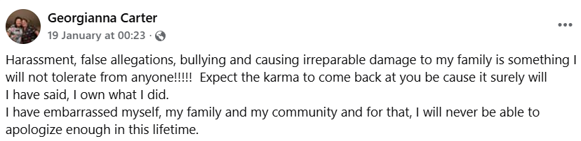 Captura de tela de uma postagem de Georgianna Carter no Facebook, na qual ela nega acusações de assédio, reconhece suas ações, expressa pesar por ter envergonhado sua família e comunidade e pede responsabilização.
