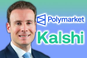 CFTC chairman announces overhaul of rules for prediction markets. Michael Selig in a suit against a blue-green background, with the Polymarket logo and the Kalshi name in green text.