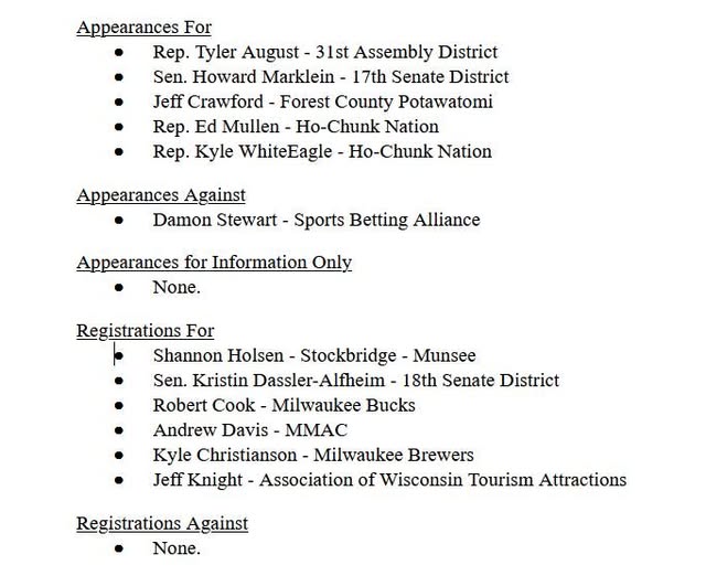 Screenshot of a Wisconsin legislative hearing document listing appearances and registrations for and against a bill, including representatives from tribal nations, state lawmakers, the Sports Betting Alliance, and professional sports teams.