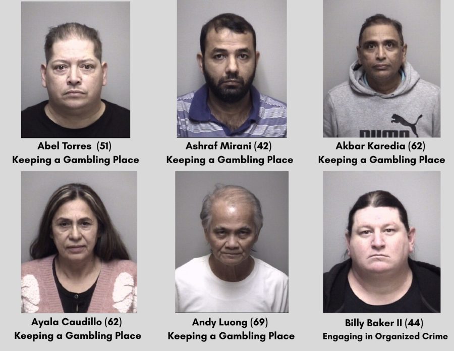 A grid of booking photos showing nine individuals arrested on gambling-related charges in Galveston County.