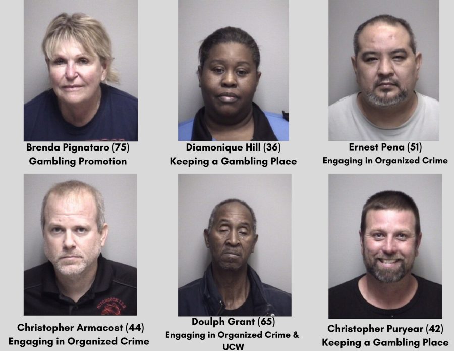 Booking photos of nine individuals, including Hitchcock Mayor Christopher Armacost, charged with engaging in organized criminal activity and gambling-related offenses.