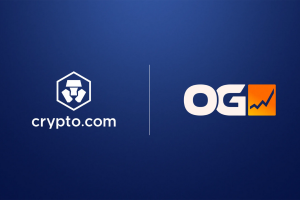 Blue background with Crypto.com logo on the left and OG logo on the right. Crypto.com is going all in on the prediction markets with its new OG app