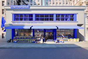 The Polymarket grocery store based on a street in New York. Blue windows and flag. Groceries outside and more can be seen inside the windows.