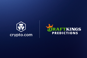 Blue background with the DraftKings Predictions logo on the right and Crypto.com on the left.