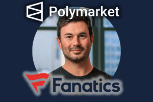 Portrait of Ari Borod centered in a circular frame, with the Polymarket logo and name at the top and the Fanatics logo and name at the bottom against a dark blue background.