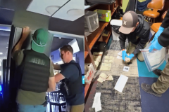 Split image showing law enforcement activity during an illegal gambling investigation. On the left, officers wearing tactical vests search the interior of a business with gaming machines visible. On the right, investigators wearing gloves kneel on the floor collecting stacks of cash and placing them into evidence bags inside a room with shelves and chairs. Central Florida gambling crackdown nets cash machines in statewide sweep