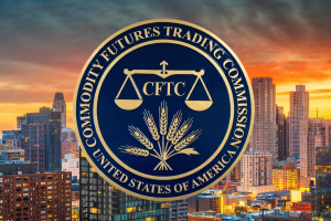 Circular seal of the Commodity Futures Trading Commission (CFTC) centered over a Chicago skyline at sunset, featuring scales of justice and wheat within a blue and gold emblem. Democratic senators question CFTC staffing cuts in Chicago office enforcement concerns