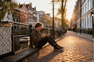 Dutch regulator warns gambling becoming normalized in everyday life across Netherlands. Young man sitting on a canal-side ledge in Amsterdam at sunset, looking at his smartphone, with bicycles, narrow historic buildings, and warm golden light along a cobblestone street.