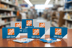 Former Home Depot employee sentenced for $4M gift card theft to fund gambling habit. Several Home Depot gift cards displayed on a wooden counter inside a store, with shelves of merchandise blurred in the background.