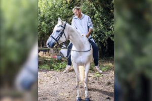 Harwich man admits laundering $12K in romance fraud fueling gambling spiral. Man wearing a grey hoodie and dark trousers riding a white horse in an outdoor rural setting with trees and fencing in the background.
