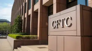Outside of the Commodity Futures Trading Commission (CFTC) office. Brown building with a sign saying 'CFTC'