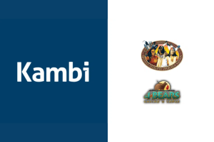 Kambi expands North Dakota footprint with tribal casino sportsbook deal agreement. Split graphic showing the Kambi logo on a blue background on the left, with the Mandan, Hidatsa and Arikara Nation seal and the 4 Bears Casino & Lodge logo displayed on a light background on the right.