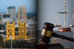 Man jailed for 301 years to life over Sacramento gambling robbery. Composite image of Sacramento skyline with Tower Bridge alongside a judge’s gavel and scales of justice, symbolizing court sentencing.