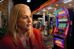 Missouri attorney general orders illegal gaming machines removed statewide amid crackdown. Missouri attorney general Hanaway in a red blazer stands at a brightly lit gas station at night, with fuel pumps in the background and a colorful slot-style gaming machine illuminated beside her.
