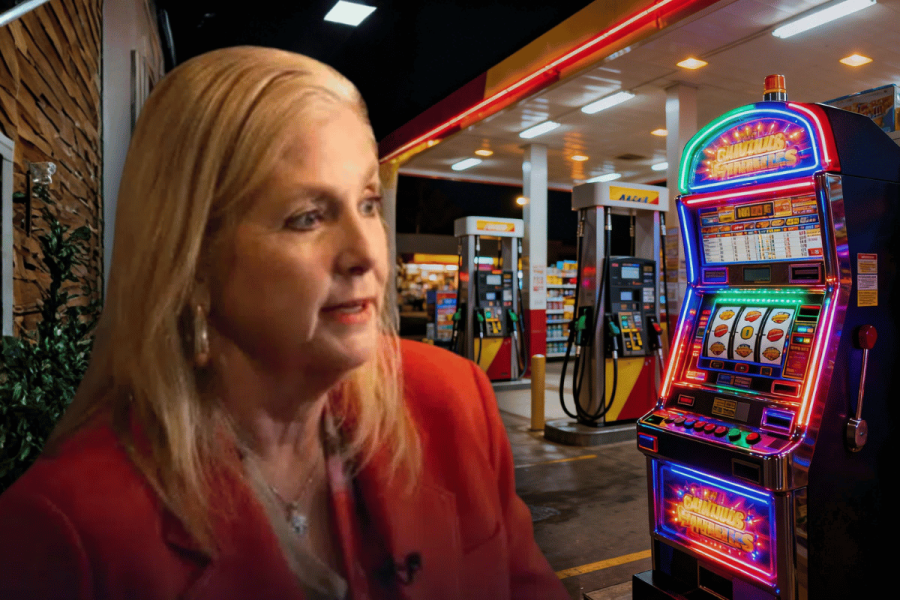 Missouri attorney general orders illegal gaming machines removed statewide amid crackdown. Missouri attorney general Hanaway in a red blazer stands at a brightly lit gas station at night, with fuel pumps in the background and a colorful slot-style gaming machine illuminated beside her.