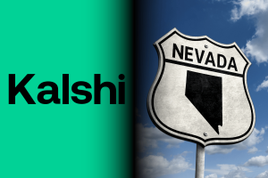 Nevada presses federal judge to return Kalshi case to state court. Split graphic with a green background and the word “Kalshi” in bold black letters on the left, and a Nevada highway-style shield sign with the outline of the state against a blue sky with clouds on the right.