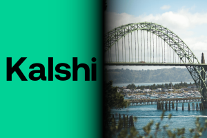 Oregon class action lawsuit targets Kalshi over alleged illegal sports betting platform operations. Split image showing the Kalshi logo on a green background on the left and a large steel arch bridge over a river in Oregon on the right, with boats and a marina visible below.