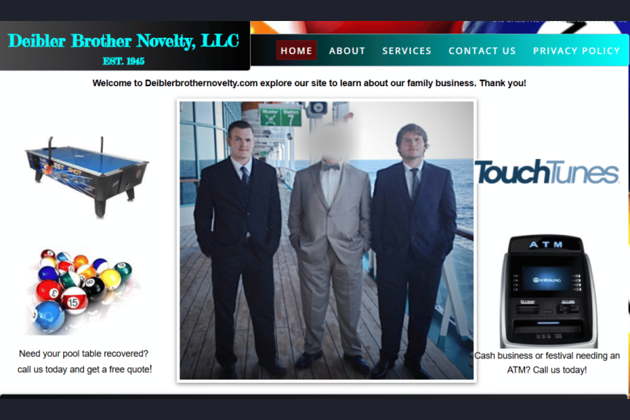 Donald Deibler stands on the left and Arthur Deibler stands on the right in a promotional image from their novelty game company website.