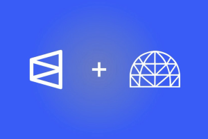 Polymarket acquires Dome to deepen prediction market infrastructure. Blue gradient background featuring two white logos side by side with a plus sign between them: the Polymarket logo on the left and a dome-shaped geometric icon representing Dome on the right, symbolizing a partnership or acquisition.