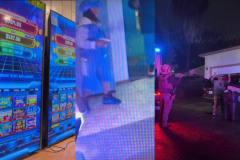 A three-panel image shows slot-style gambling machines with colorful jackpot displays, a blurred indoor scene with a person near gaming equipment, and deputies detaining a man with his hands raised beside a car at night under flashing red and blue lights. Sacramento deputies dismantle sprawling illegal gambling network after lengthy months investigation